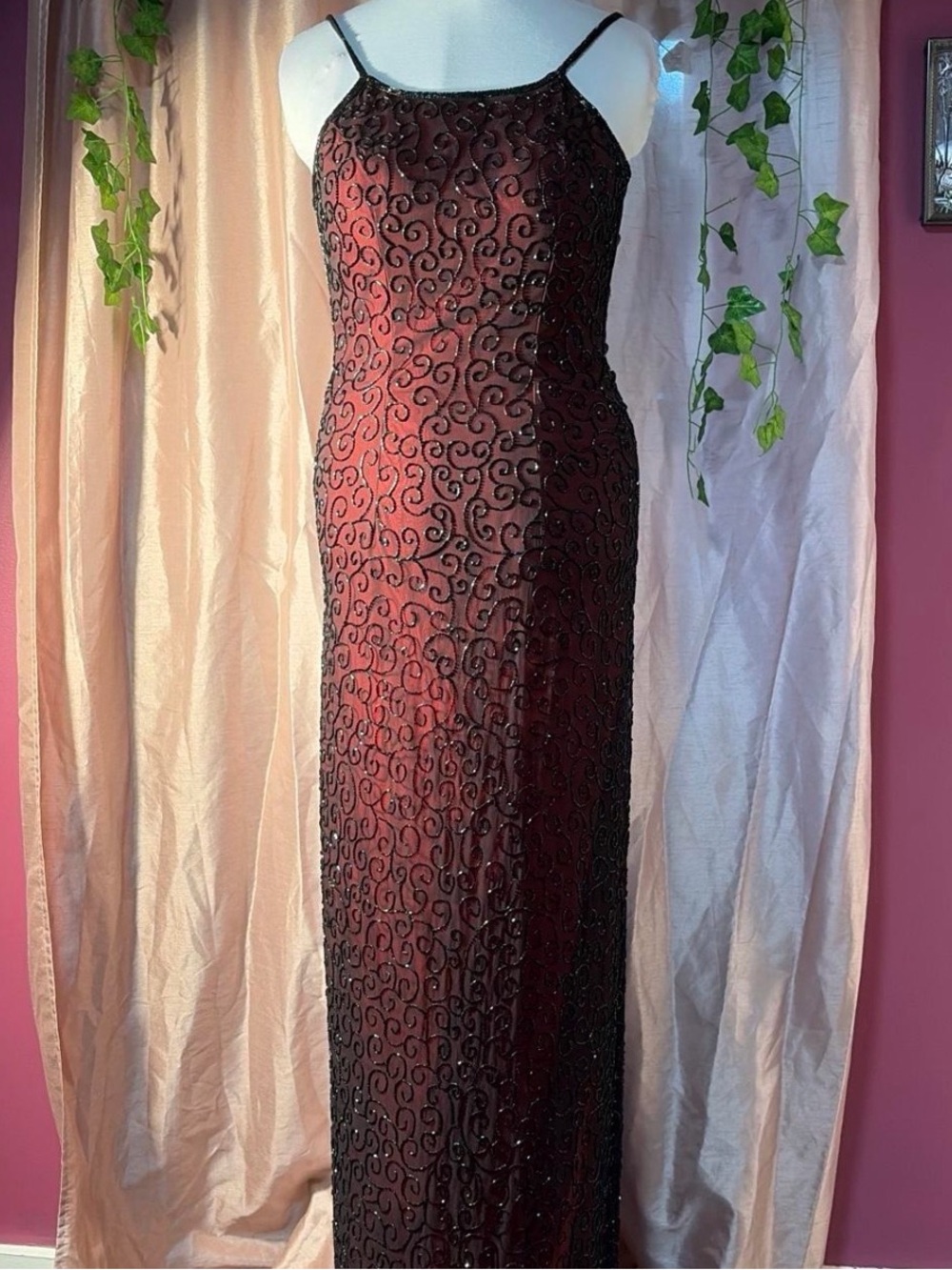 Vintage 90s Goth Red Black Beaded Silk Evening Dress